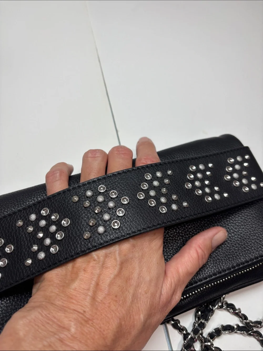 Zadig & Voltaire Black Leather Studded Chain Convertible Purse Clutch